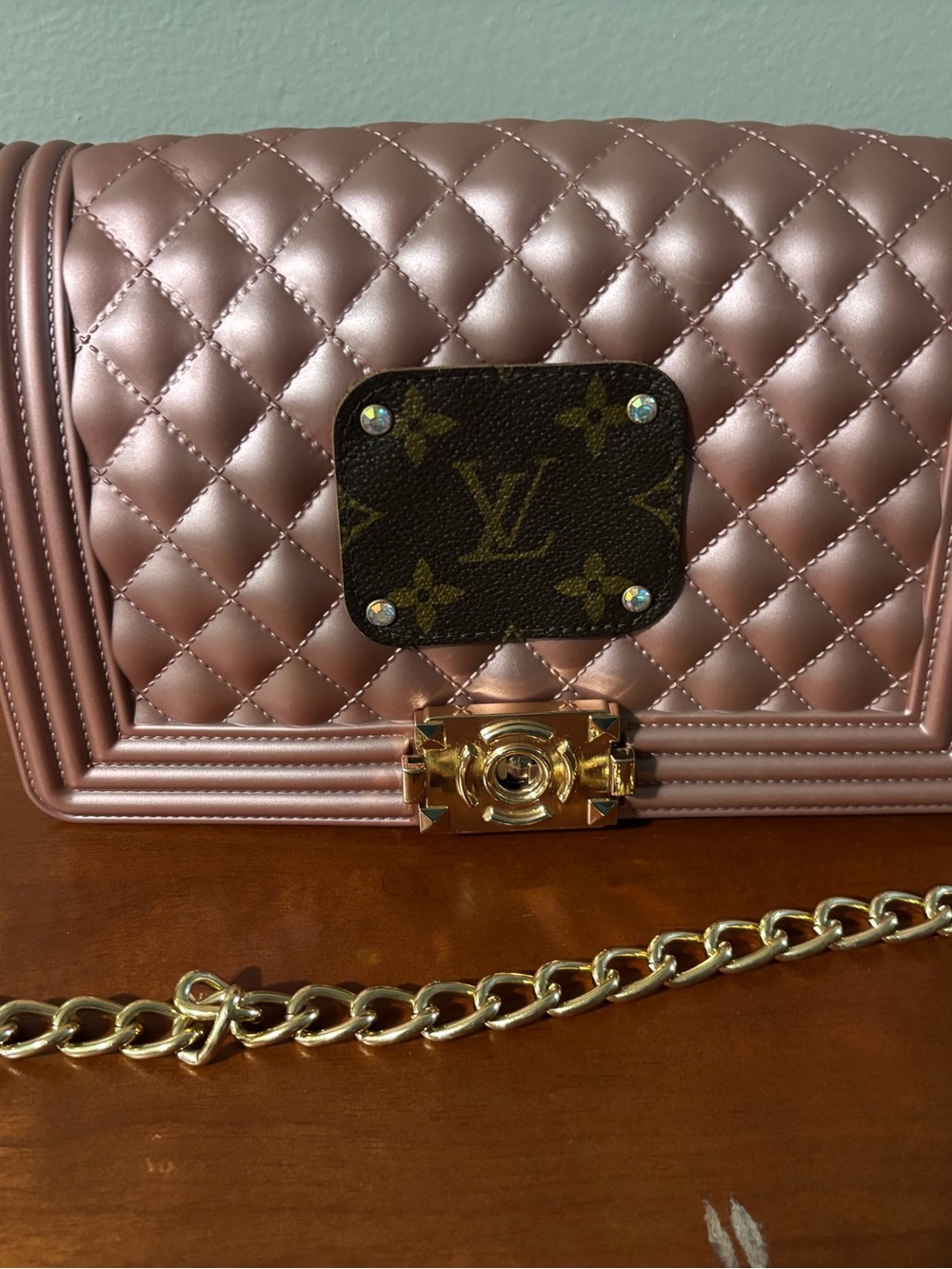 Metallic Rose Quilted Chain Crossbody Bag